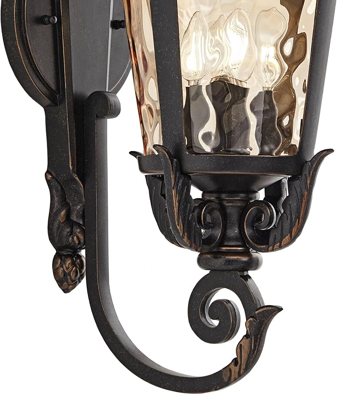 John Timberland Casa Marseille Vintage Outdoor Wall Light Fixture Veranda Bronze Scroll Frame 31" Champagne Hammered Glass for Exterior House Porch Patio Outside Deck Garage Yard Front Door - Bloomnest