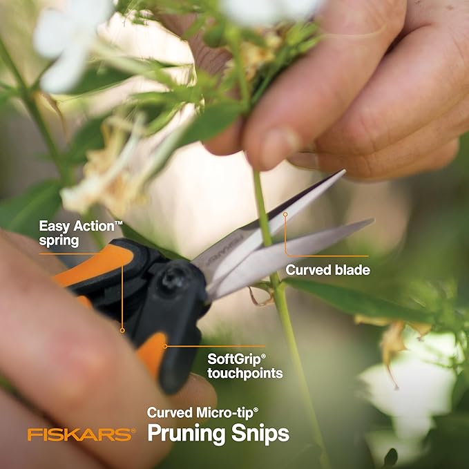 Fiskars Curved Micro-Tip Pruning Snips - 6" Garden Shears with Sheath and SoftGrip Handle - Yard and Garden Tools - Orange/Black - Bloomnest