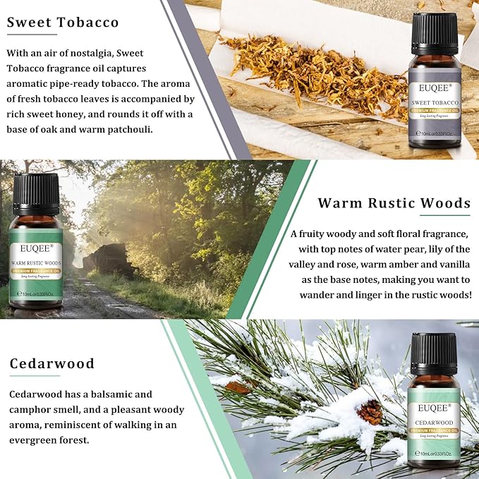 EUQEE Fragrance Oils Gift Set Premium Woody Scented Oil - Forest Pine, Warm Rustic Woods, Bamboo & Teak, Cedarwood, Leather, Sweet Tobacc(Honeyed Haze), for Diffuser, Soap Making, Candle - 6x10ml EUQEE