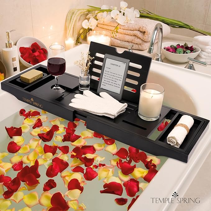 Temple Spring Wooden Bathtub Tray, Bamboo Bathroom Accessories, Bath Tray for Tub, at Home Spa Essentials, Board for Tub Table, Bath Caddy for Bathtub Accessories & Bathroom Essentials – Black - Bloomnest