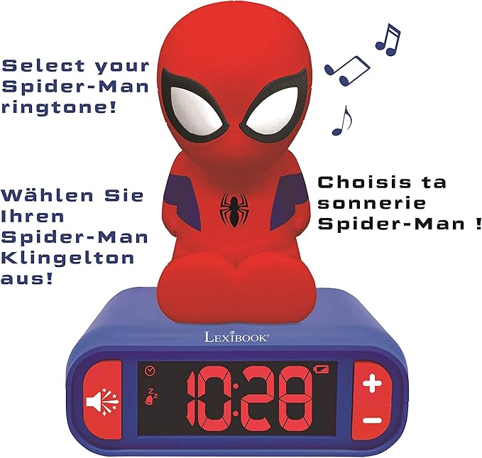 LEXiBOOK - Marvel Spider-Man Digital Alarm Clock with Night Light Snooze and Marvel Spider Man Superheroes Sound Effects - Boys Clock - Luminous Spiderman, Blue - RL800SP - Bloomnest