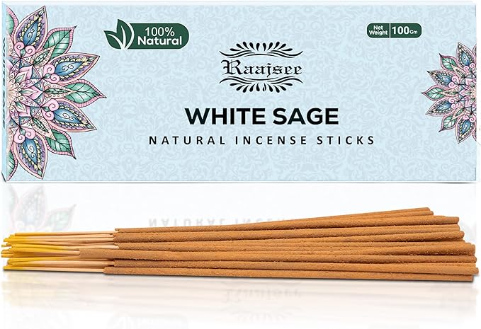 White Sage Incense Sticks for Cleansing 100 gm Pack - 100% Natural -Charcoal Free - Organic Non Toxic Clean Burning - Made from Upcycled Flowers RAAJSEE