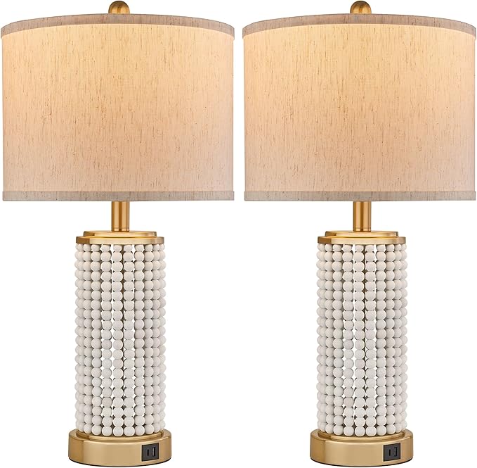 Wood Beaded Table Lamp Set of 2 for Living Room Bedroom Touch Control 3-Way Dimmable 24.5" Farmhouse Table Lamps Rustic Nightstand Bedside Lamps(2 Bulbs Included) - Bloomnest