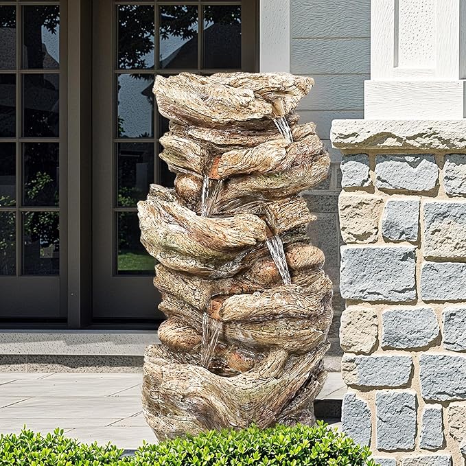 32" High Outdoor Water Fountain, 5-Tiers Cascading Rock Waterfall with LED Lights for Garden, Patio, Yard Decor, Soothing Tranquility for Any Outdoor Living Space - Bloomnest