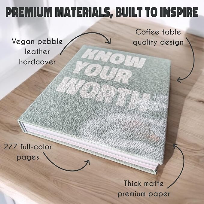 Know Your Worth Workbook by Angie Bellemare: Transformational Self-Growth & Mindset Journal for Women | 277-Page Full-Color Hardcover with 12 Chapters + 31-Day Challenge | Vegan Pebble-Leather Edition - Bloomnest