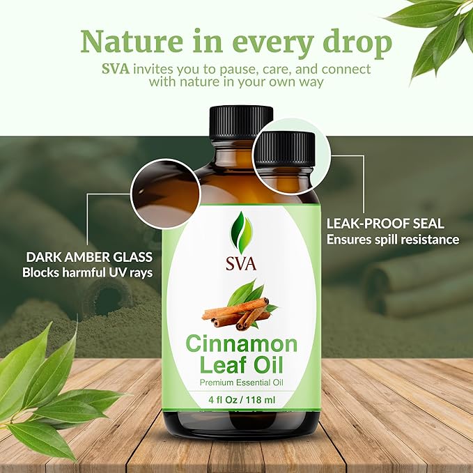 SVA Cinnamon Leaf Essential Oil – 4 Fl Oz – 100% Natural Cinnamon Oil - for Diffuser, Hair Care, Face, Skin Care, Aromatherapy, Scalp and Body Massage, Soap and Candle Making – with Dropper - Bloomnest