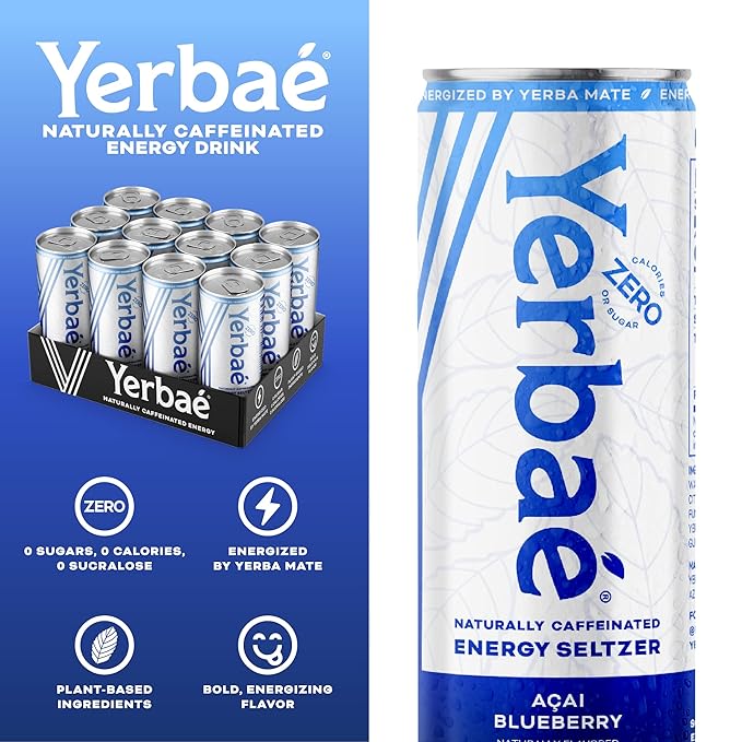 Yerbaé Energy Seltzer - Acai Blueberry, No Sugar/Calories/Carbs. Energized by Yerba Mate, Naturally Caffeinated, Plant-Based, Healthy Alternative to Coffee Sugary Sodas, Pack of 12, 12oz cans - Bloomnest