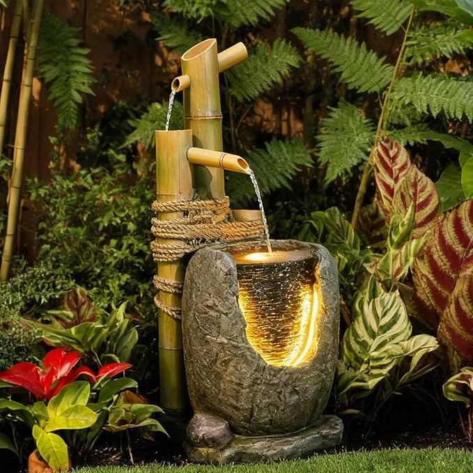31" H 3 Tiered Bamboo & Imitation Rock Water Fountain - Natural Zen Decor with LED Lights Cascading Waterfall Design for Outside&Indoor - Suitable for Garden/Patio/Yard/Deck/Balcony （Resin） - Bloomnest