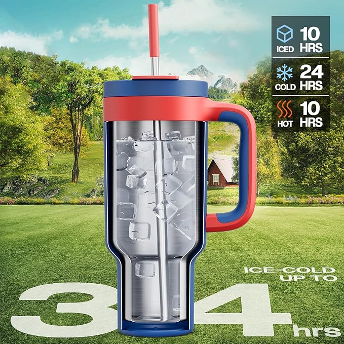 POWCAN 40 oz Tumbler with Handle, 2-in-1 Metal Straw and Sip Lid, Leakproof, Dishwasher Safe, Insulated Stainless Steel Travel Coffee Mug, Keeps Cold for 34 Hours, Fits in Car Cup Holder (Heroic) - Bloomnest