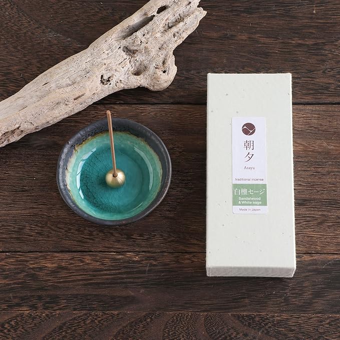 Asayu Japan Traditional Smoke Incense Gift Set with Incense Holder and Brass Stand, Sandalwood & White Sage Blend Incense Sticks with Mini Aquamarine Ceramic Holder - Bloomnest