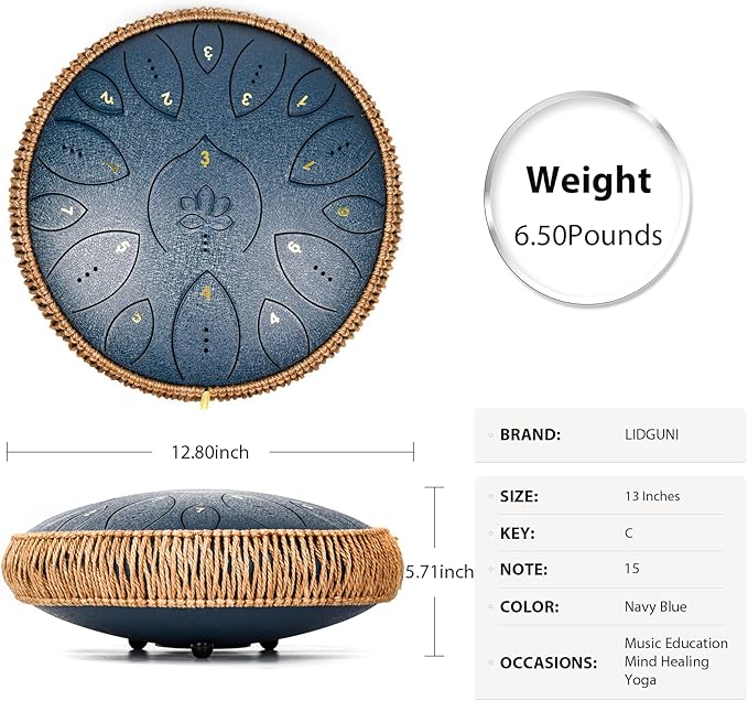 Steel Tongue Drum 13 Inches 15 Notes, Hand Pan Drums for Adults 440hz, C Major Handpan Musical Instrument with Song Book, Mallets and Carry Bag, Navy Blue - Bloomnest