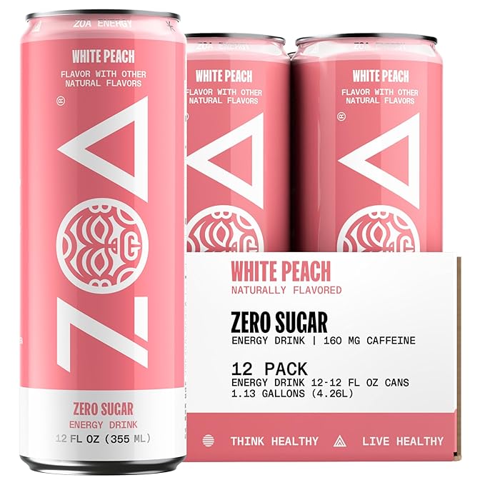 ZOA Zero Sugar Energy Drinks, White Peach - Sugar Free with Electrolytes, Healthy Vitamin C, Amino Acids, Essential B-Vitamins, and Caffeine from Green Tea - 12 Fl Oz (12-Pack) - Bloomnest