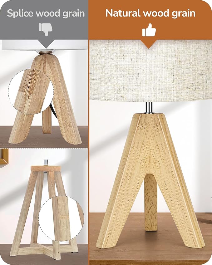 EDISHINE Small Table Lamp, Boho Bedside Lamp with Linen Fabric Shade, Wood Tripod Nightstand Lamp for Nursery, Living Room, Bedroom, Narrow End Table, UL Listed, 14.2 Inch, ON/Off Switch - Bloomnest
