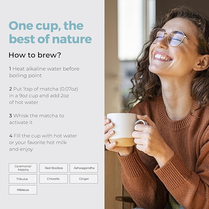 Michelle Peiret Adaptogen Ceremonial Grade Matcha Tea with Ashwagandha & Ginger Root, Perfect Coffee Substitute, Premium Blend, 15 Servings - Bloomnest