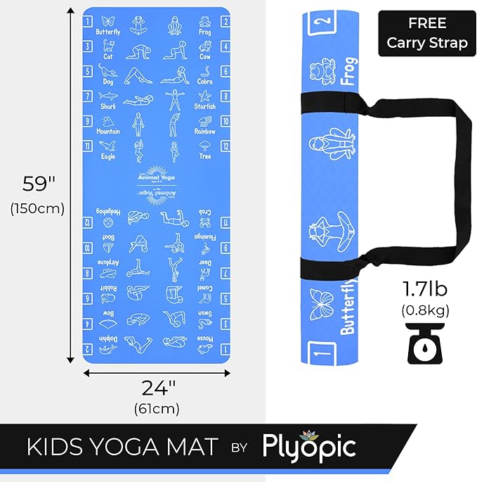 Plyopic Kids Yoga Mat - Non-Slip Lightweight TPE Exercise Mat - Ideal for Boys & Girls (Ages 3-12), Toddlers & Children in Kindergarten, Preschool, School. PVC Free. 6mm Thick. Carry Strap - Bloomnest