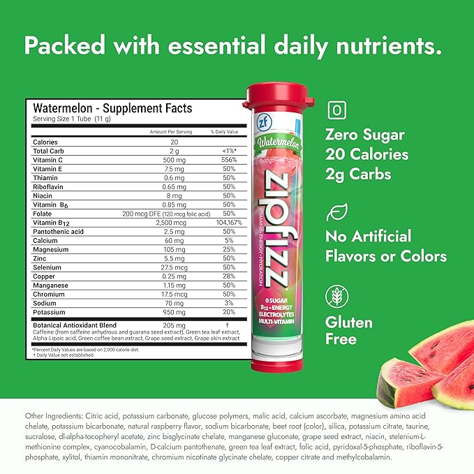 Zipfizz Daily Energy Drink Powder, Watermelon, 20 Pack | 3-in-1 Sustained Energy, Rapid Hydration, and Essential Vitamins | Sugar-Free | Electrolyte Powder | Contains Vitamin B-12 & Antioxidants - Bloomnest