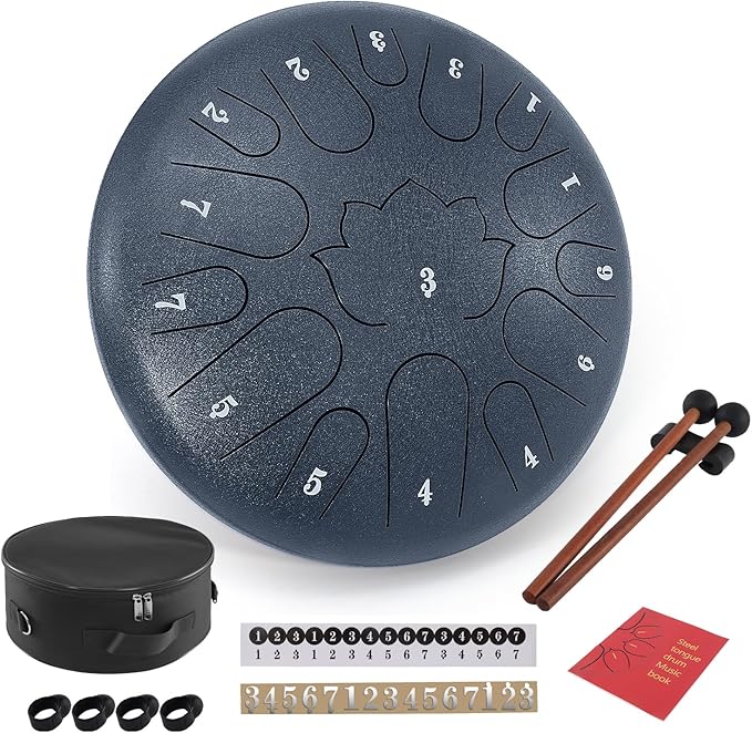 Steel Tongue Drum, 12 Inches 15 Notes Hand Pan Drum, Rain Drums, with Music Book, Handpan Drum Mallet, and Carry Bag (Navy Blue, 12 Inch)