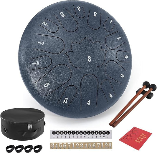 Steel Tongue Drum, 12 Inches 15 Notes Hand Pan Drum, Rain Drums, with Music Book, Handpan Drum Mallet, and Carry Bag (Navy Blue, 12 Inch)
