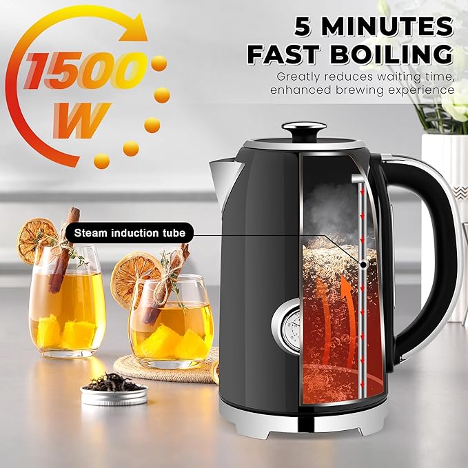 SUSTEAS Electric Kettle Temperature Control - 57oz Hot Water Boiler with Thermometer, 1500W Fast Heating Stainless Steel Tea Kettles, Cordless LED Indicator, Auto Shut-Off & Boil Dry Protection,Black - Bloomnest