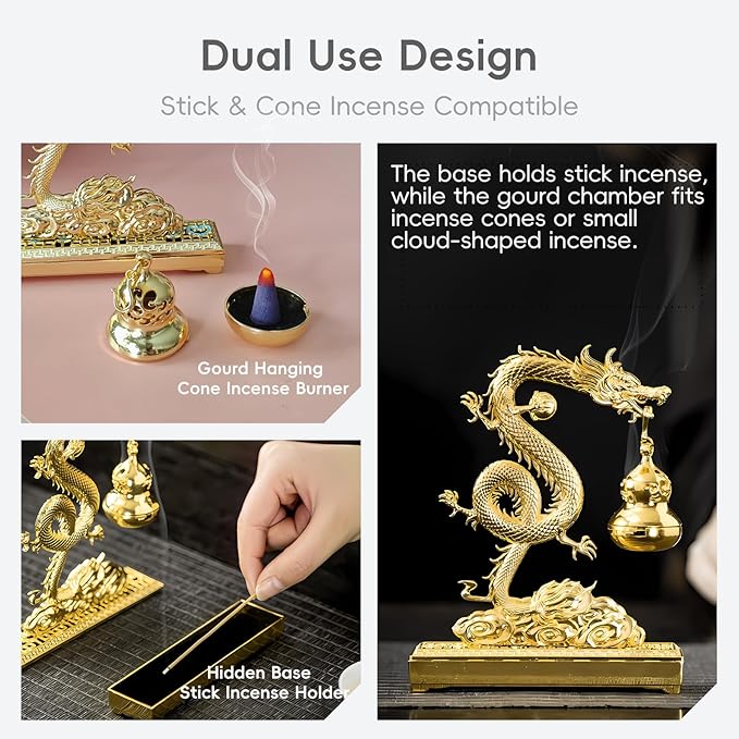 Golden Chinese Dragon Incense Holder– Dual-Use Metal Feng Shui Decor with Hanging Gourd Cone Incense Burner & Hidden Stick Holder – Spiritual Aromatherapy Gift for Meditation, Home & Office Decoration - Bloomnest