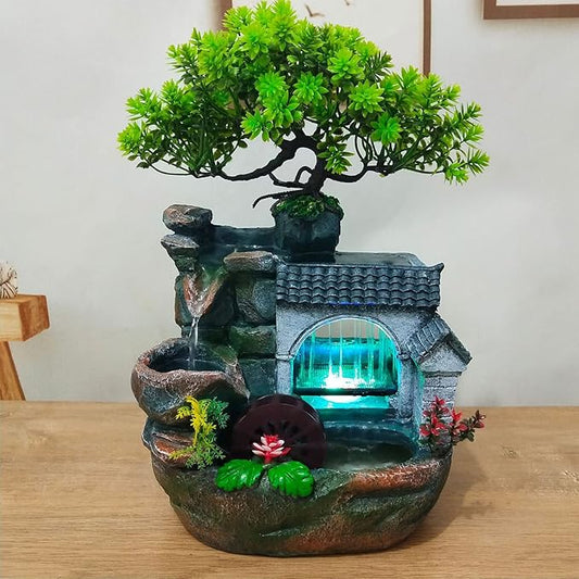 Tabletop Fountains,Indoor Relaxation Desktop Fountain Waterfall,Atomizing Humidifier Automatic Pump,Desktop Fountain Waterfall with Rockery,Plant,Illuminated Waterfall for Home Office Décoration - Bloomnest