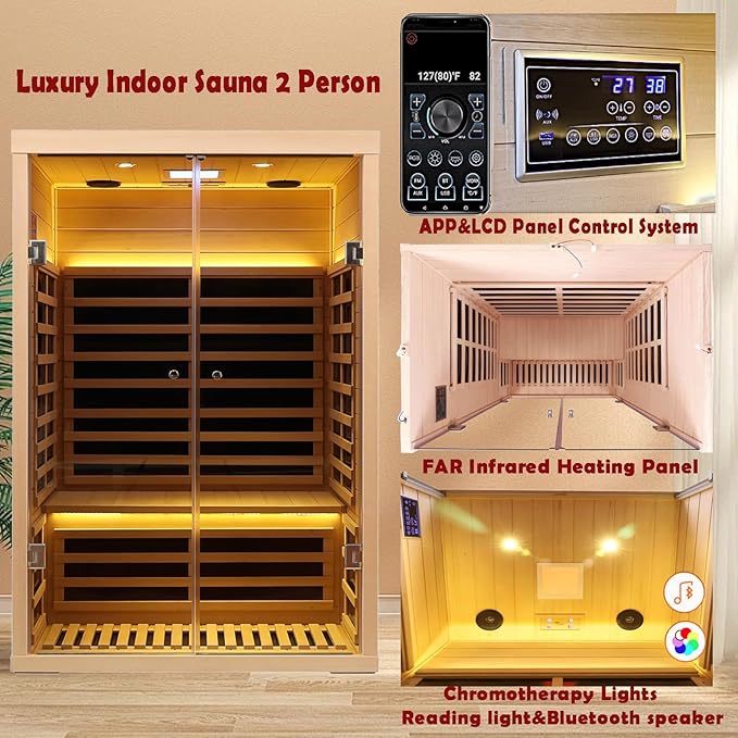 Smart App Control 2 Person Ultra Low EMF (＜5mG) Far Infrared Sauna for Home,1780W Hemlock Indoor Sauna Spa with Touch Panel, Insulation Cover, Bluetooth Speaker, Chromatherapy Light, Reading Light KUNSANA