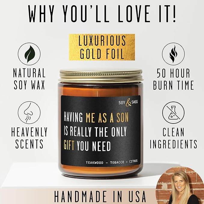 Mothers Day Gifts for Mom, Mom Gifts From Son - 'Having me as a Son' Soy Candle, w/Mahogany Teakwood I Mom Birthday Gifts from Son Ideas I 50Hr Burn, USA Made - Bloomnest