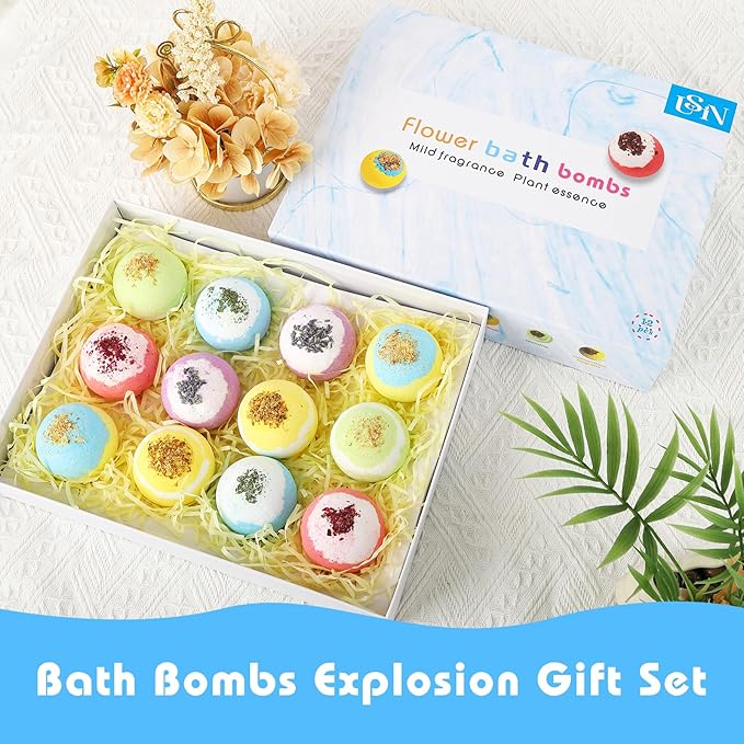 Bath Bombs for Women, USIN Natural Bubble Bath Balls Gift Set, Pack of 12 Pcs Multiple Bath Bomb, SPA Relaxing, Self Care, Gifts for Women, Men, Girls, Boys, Natural Flower Petals, 3.53 Oz Large Size - Bloomnest