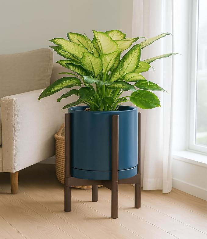 D'vine Dev Ceramic Planter with Walnut Color Stand - 12 Inch Modern Round Flower Pot with Wood Planter Holder, Teal, 55-B-W-4 - Bloomnest