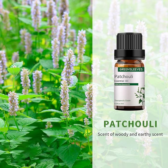GREENSLEEVES Patchouli Lily Essential Oil Set, 2 x 10ml Pure Plant-Based Fragrance Oil for Aromatherapy, Essential Oils for Diffuser, Massage, Bath Bomb, Scented Candle Soap Making GREENSLEEVES