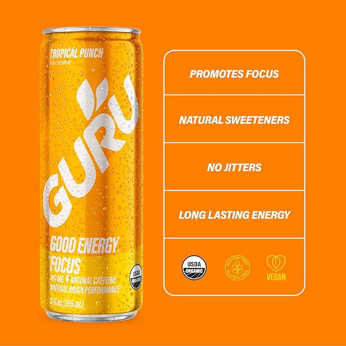 GURU Tropical Punch Organic Energy Drinks, Clean Energy Drink with Plant Based Natural Caffeine from Green Tea + Focus with L Theanine, Gluten Free, 140MG Caffeine, Healthy Drinks, 12oz (Pack of 12) - Bloomnest
