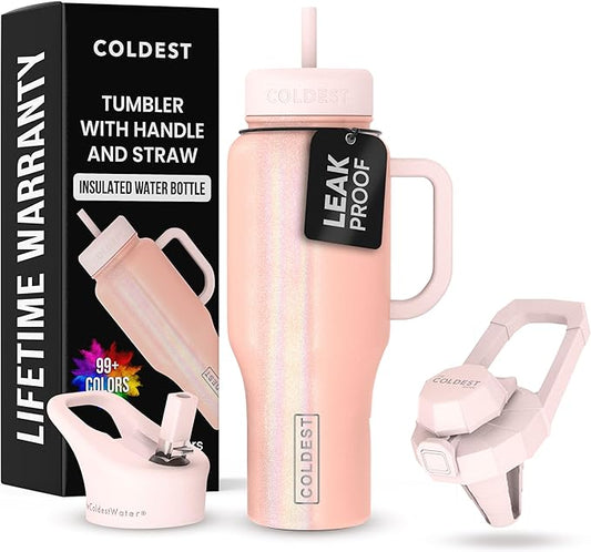 Coldest Tumbler with Handle and Straw - 100% Spill Proof Tumbler with Straw (3 Lids) - Stainless Steel Insulated Leakproof Tumblers for Women & Men - 36 oz (Forever Pink Glitter) - Bloomnest