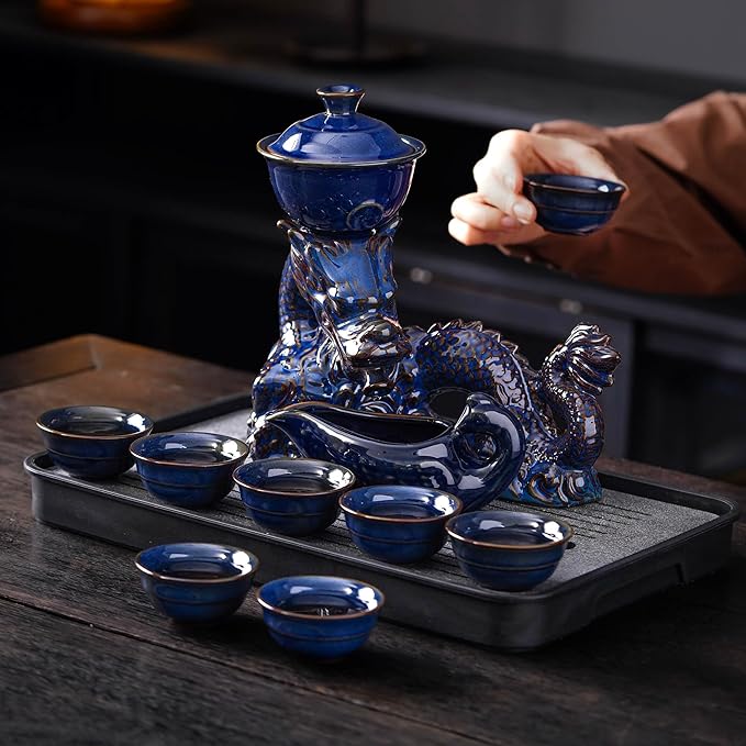 Semi Automatic Tea Set Ceramic Teapot with Infuser Magic Teapot with 8 cups Gradient Color (Dark Blue Dragon-C) - Bloomnest