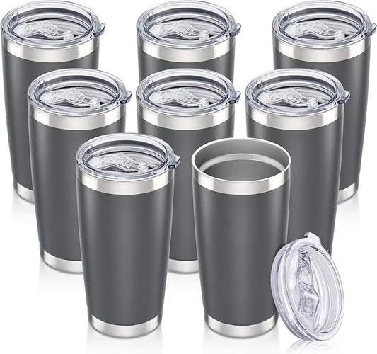 20 oz Tumbler with Lid Stainless Steel Insulated Tumblers Bulk Double Wall Vacuum Cups Powder Coated Travel Mug Keep Drink Cold and Hot, Grey, 8 Pack