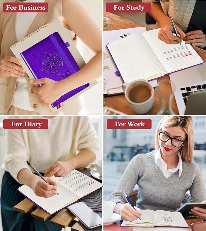 PAIBAS Graph Notebook for Women Men, 160 Pages Grid Paper, Graphing Notebooks for School, Work, Quad Ruled, Inner Pocket, A5 Hardcover Vintage Leather Journals for Writing, 5.8"x8.5" (Purple) - Bloomnest