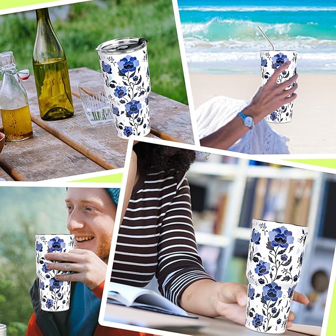 30 oz Tumbler with Lids and Straws Double Wall Insulated Tumbler Cup,Stainless Steel Vacuum Tumbler Powder Coated Travel coffee Mug for Cold and Hot Drinks,Blue and White Porcelain - Bloomnest