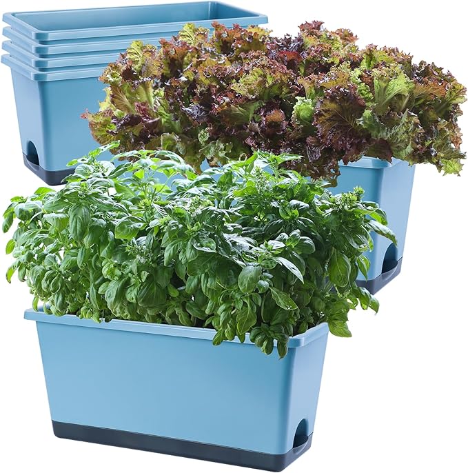Window Box Planter 6 Pcs, 17 Inches Rectangle Flower Pots with Drainage Holes and Trays, Vegetable Planters for Windowsill Patio Garden Balcony Indoor Outdoor (Blue, 17 * 7.4 * 7.8 inch) - Bloomnest