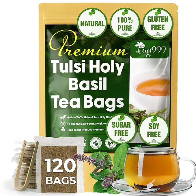 TOG999, Premium 120 Holy Basil Leaf Tea Bags, 100% Natural & Pure Holy Basil Leaves. Loose Leaf Holy Basil Herbal Tea. Holy Basil Leaf Tea. No Sugar, No Caffeine, No Gluten, Vegan. - Bloomnest