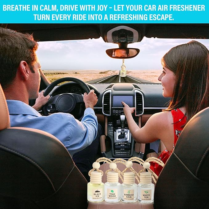 Car Air Freshener Oil Diffuser - Hanging Long Lasting Scent for Car & Home, Essential Oil Freshener with Adjustable Fragrance (Teak Wood+Black Ice+Bamboo Rain+White Tea) - Bloomnest