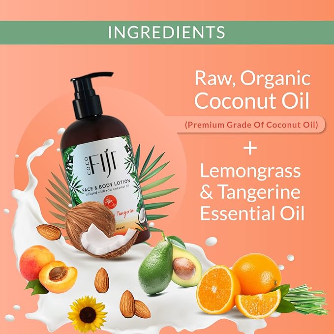 Coco Fiji Face & Body Lotion Infused With Coconut Oil | Lotion for Dry Skin | Moisturizer Face Cream & Massage Lotion for Women & Men | Lemongrass Tangerine 12 oz, Pack of 3 - Bloomnest