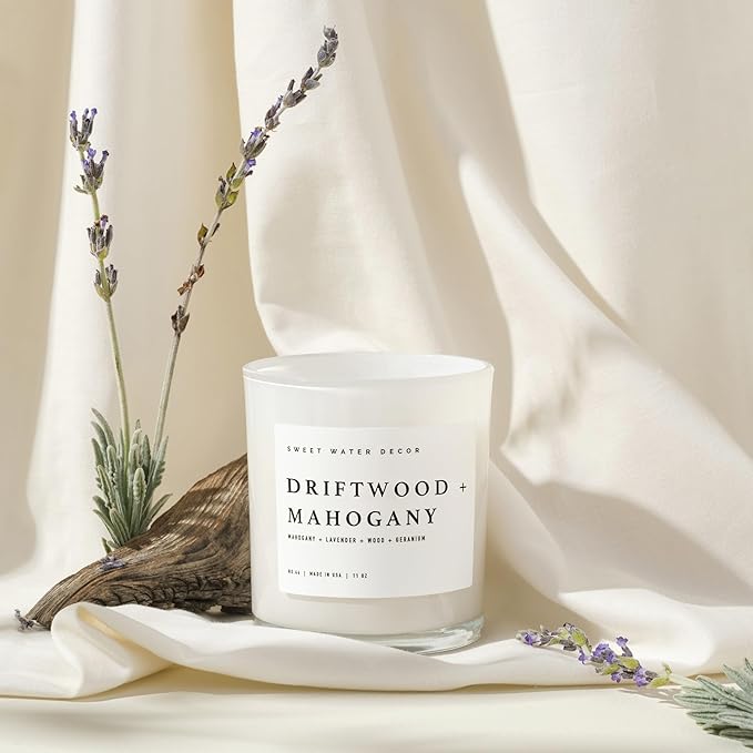 Sweet Water Decor Driftwood and Mahogany Candle - Mahogany, Lavender, Wood, and Geramium Scented Candle for Home - 11oz Jar Candle with Wood Lid, 50+ Hour Burn Time, Made in The USA - Bloomnest