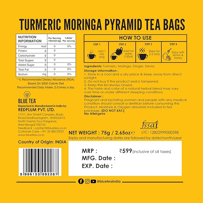 BLUE TEA - Turmeric Tea - Moringa - 30 Count - Pyramid Plant Based Tea Bag | CURCUMIN RICH - HERBAL BLEND | Caffeine Free - Vegan - Herbal Tea - Mild Flavor - Healthy | Reusable Tin Pack - Bloomnest