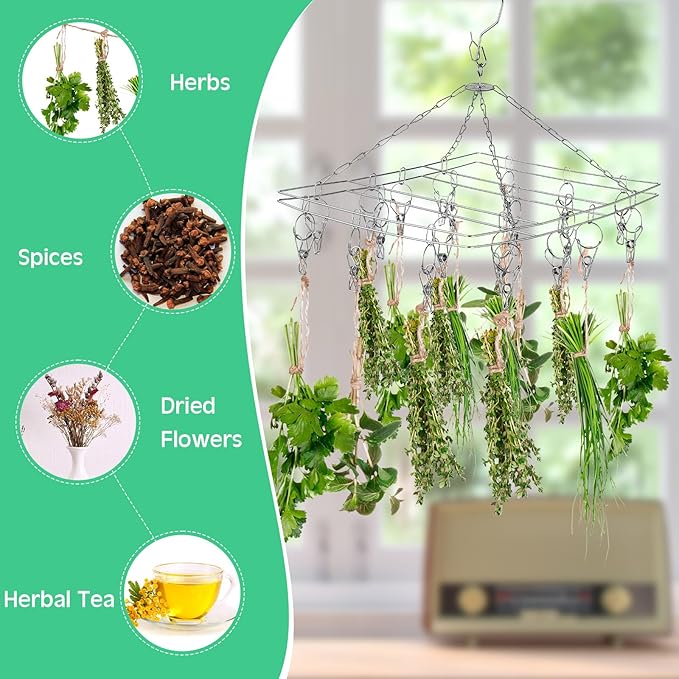 Bokon 4 Pcs Hanging Drying Rack for Herb Macrame Flower with Stainless Clip Dryer Hook for Drying Herb Air Plants Spices Flower Hydroponic Plant Ready to Use with Ceiling Hook(Rectangle) - Bloomnest