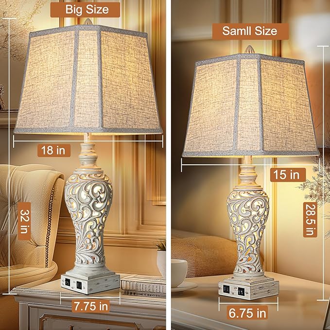 32" Tall Table Lamps Set of 2 - Bedside Lamp with Fabric Shades - for Bedroom and Living Room with USB and Nightlight - Perfect for Nightstands and Bedrooms - Bulbs Included - Bloomnest