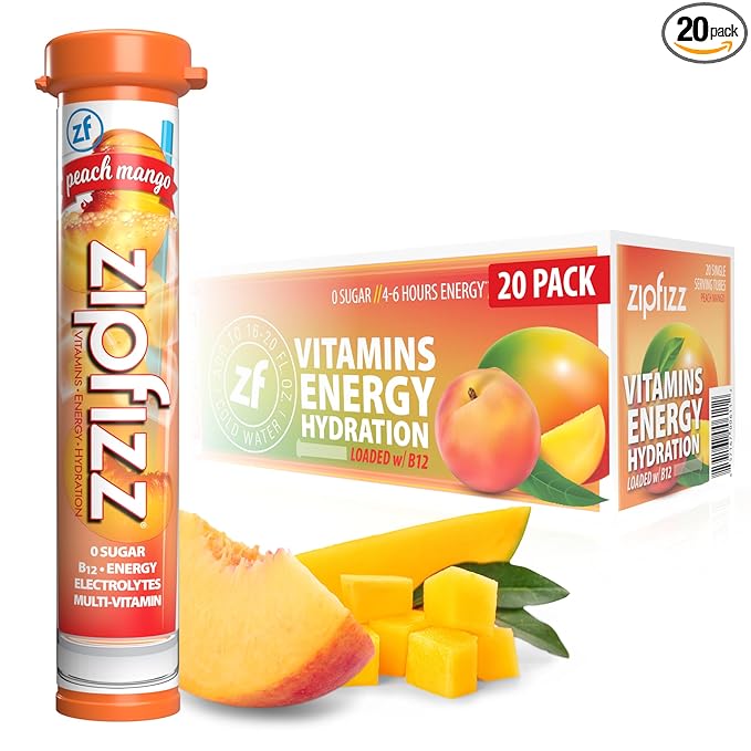 Zipfizz Daily Energy Drink Powder, Peach Mango, 20 Pack | 3-in-1 Sustained Energy, Rapid Hydration, and Essential Vitamins | Sugar-Free | Electrolyte Powder | Contains Vitamin B-12 & Antioxidants - Bloomnest