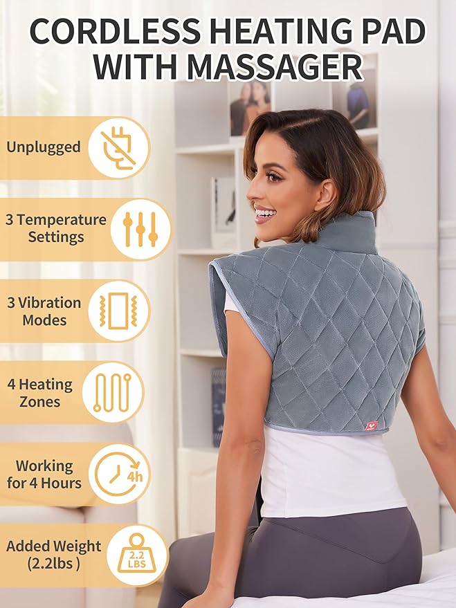 Vofuoti Heating Pad for Neck and Shoulders, Portable Cordless Heating Pad with Massager and Battery, Weighted Electric Heated Neck Shoulder Wrap, 16'' x 22'', 2.2lbs - Bloomnest