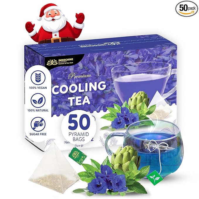 Indochine Blends Cooling Tea | Oolong, Artichoke, Butterfly Pea & Peppermint | Sugar-Free, Caffeine-Free Herbal Tea | Vibrant Blue | Herbal Tea for Relaxation | 4.4 oz | 50 Corn-Fiber Pyramid Bags - Bloomnest