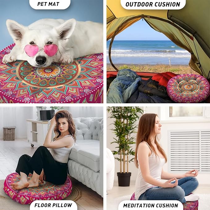Mandala Meditation Cushion, Boho Meditation Mat, Meditation Pillows for Sitting on Floor, Cushions for Sitting in Home and Outdoor, Round Floor Pillows Cushion Seating for Yoga 22'' X 22'' - Bloomnest