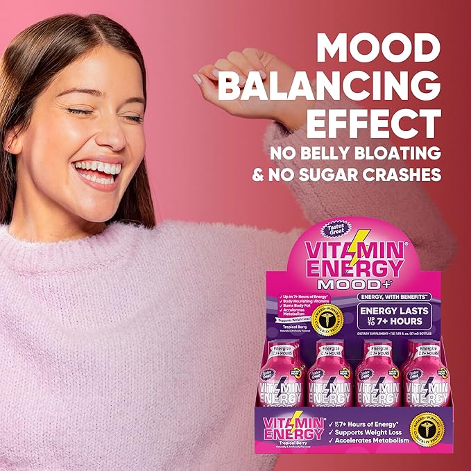 Vitamin Energy Mood+ Extra Strength Energy Shot Tropical Berry 4 Pack, 260mg Natural Caffeine, B-Vitamins, Rhodiola, Chamomile, Mood & Energy Support, Zero Sugar, Gluten-Free, Vegan, 1.93 fl oz - Bloomnest