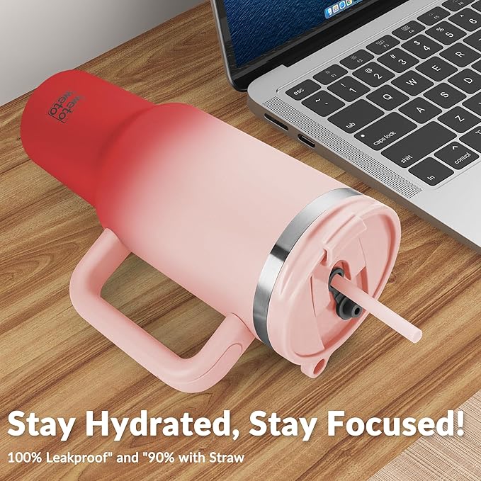 WETOWETO 40oz Tumbler with Handle | Insulated Stainless Steel Travel Mug | 34Hrs Cold & 10Hrs Hot Retention | 100% Leakproof Lid & Straw | Dishwasher Safe + Car Cup Holder Fit (Pink-Red Gradient) - Bloomnest